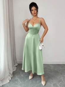 abyoxi 女士鼠尾草绿缎面吊带心形领口纽扣细节收腰中长连衣裙，春夏长款连衣裙，优雅派对装扮 - 薄荷綠 - 查看 5