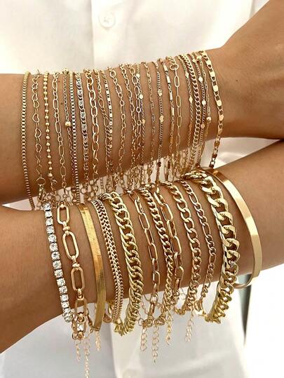 25/20/15/5pcs Fashion Elegant Vintage Minimalist Design Faux Pearl Crystal Geometric Pleated Knot Glossy Bracelet Set, Suitable For Women's Holiday Party, Daily Wear, Gift (Random Delivery)