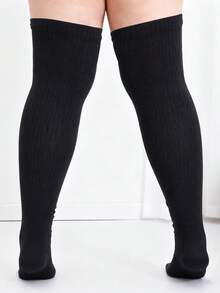 Plus Size Thigh High Socks Knit Over The Knee Stocking For Women Party & Daily - Black - View 2