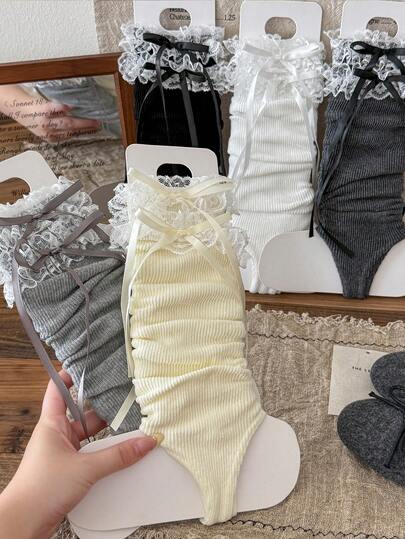 1双女士护腿套，薄款花卉蕾丝蝴蝶结缎带护腿套，多色腿套，适合春夏穿着