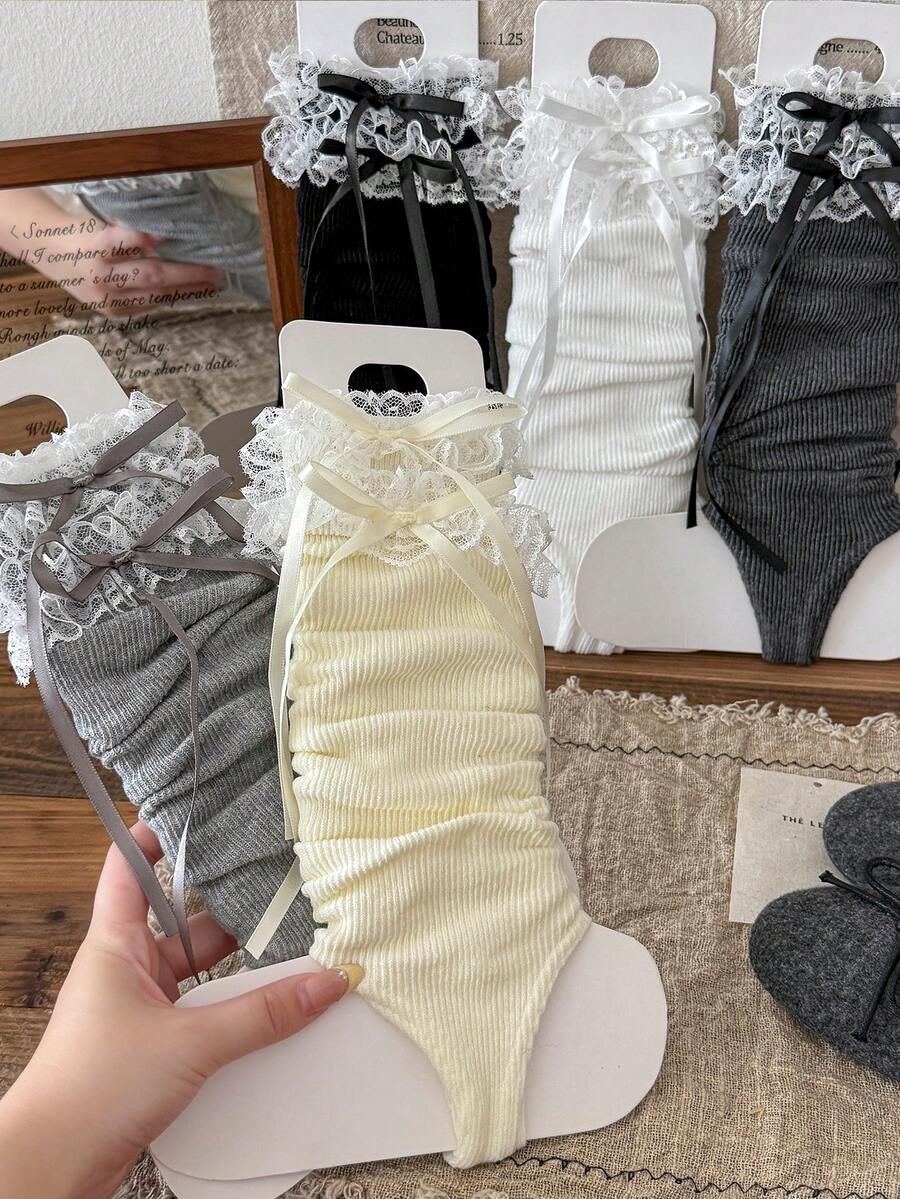 1 đôi tất giữ ấm chân cho nữ, tất giữ ấm chân ren hoa mỏng với nơ, tất giữ ấm chân nhiều màu sắc cho mùa xuân/hè. - Nhiều màu - Xem 1