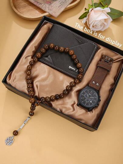 3-Piece Luxury Gift Set For Men: Brown Leather Strap Quartz Watch (Black Dial, Roman Numerals, Date Display, Rhinestones) + Gold Frame Fashion Glasses With Brown Lenses + Brown Rosary Beads, Fashionable For Daily And Business Wear, Perfect Birthday/Anniversary/Christmas Gift
