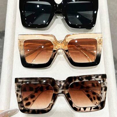 3pcs/Set Large Frame Plastic Glasses With Geometric & Leopard Print Patterns, Suitable For Women To Wear At Carnival Parties, Outdoor Travel, Halloween, Music Festivals, Fashionable Creative Accessory