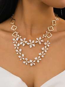 轻盈白色镂空双层花朵项链，优雅波西米亚风，情人节礼物 - 白色 - 查看 1