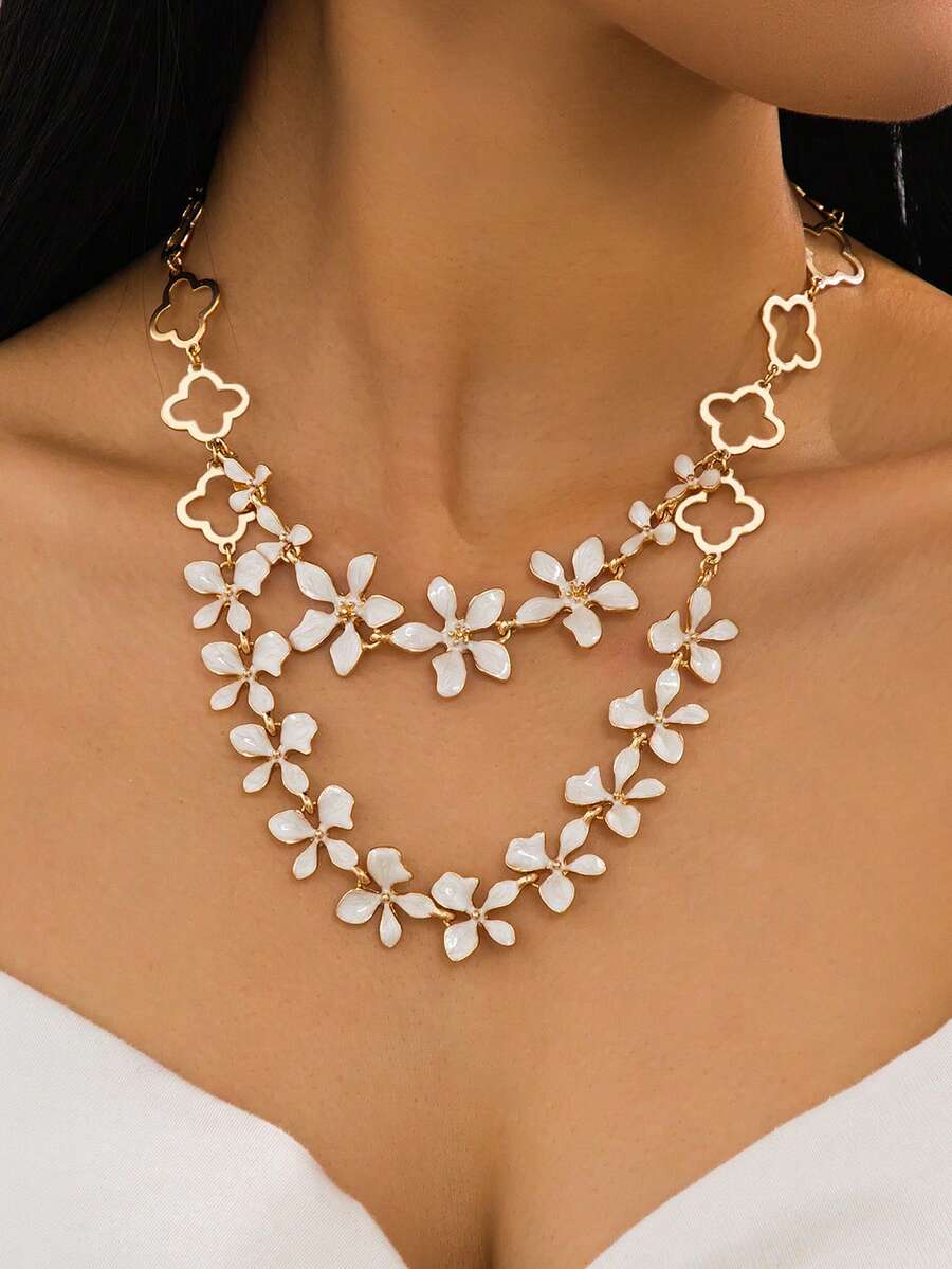 轻盈白色镂空双层花朵项链，优雅波西米亚风，情人节礼物 - 白色 - 查看 1