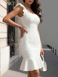 DONICY 优雅白色蕾丝或刺绣中长连衣裙，女士浪漫荷叶边泡泡袖复古风夏季连衣裙 - 白色 - 查看 7