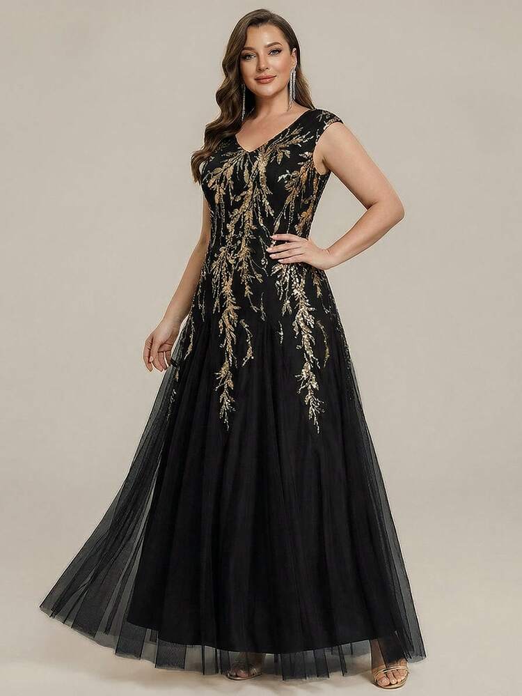 black and gold plus size formal dress & Extra Long Sequin Maxi Evening Dress, Gown, Party Dress, Wedding Guest Natural Silhouette Elegant Mermaid Plus Size Black