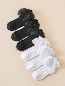 6 Pairs Cotton Children/Teens Girls' Black & White Double Ruffle Trim Mid-Calf Socks, Casual & Dance Socks For All Seasons - Black and White - View 2