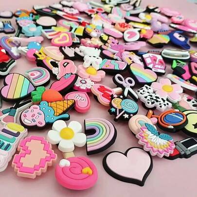 10/20/30/40/50/80/100/200 piezas Juego de decoración de zapatos de moda rosa al azar, accesorios de zapatos DIY, material de PVC, dijes lindos surtidos, adecuado para personalizar zapatos