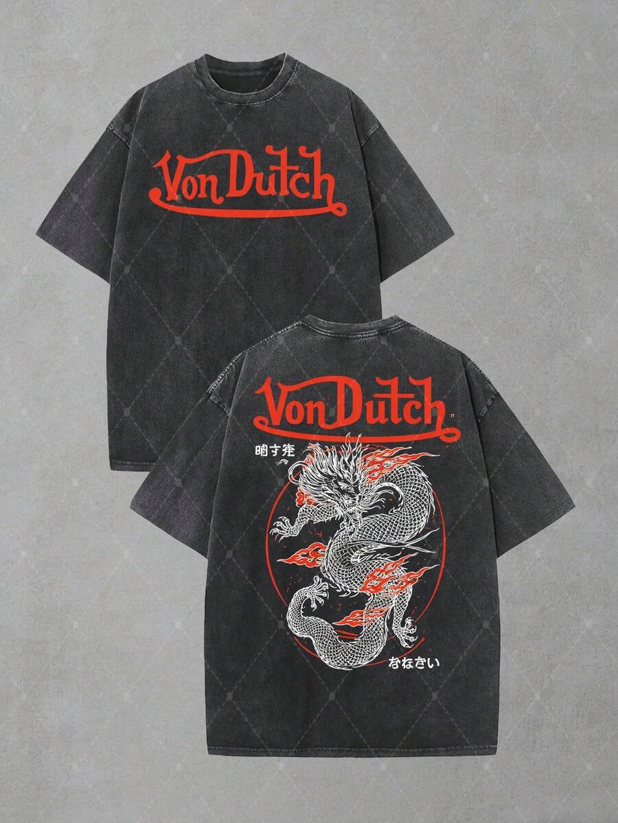 Van Dutch Eagle Skull Badge Graphic Men's Vintage Washed Oversized Crew Neck Short Sleeve T-Shirt - Lightweight Comfort Cotton For Daily Casual & Punk Outfits, Gift For Gothic Fans, Camisas Para Hombre, Oversized Mens Shirt - màu đen - Xem 1