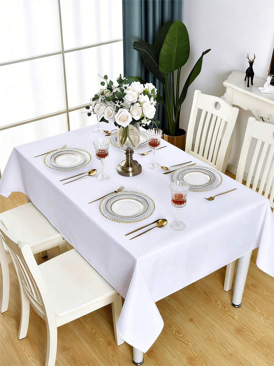 1pc Black Rectangular Tablecloth, Modern Polyester Stain-Resistant & Wrinkle-Resistant Washable Tablecloth, Suitable For Party, Banquet, Indoor And Outdoor Decor - White - View 1