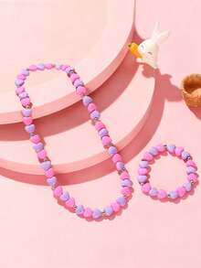 Set de 2 piezas de collar y pulsera con cuentas con forma de corazón lindo para niños, versátil para uso diario de niñas, fiesta, regalo de vacaciones - Unitalla - Ver 4