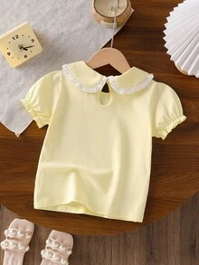Young Girl Embroidered Collar Petal Sleeve Cute T-Shirt - Yellow - View 2