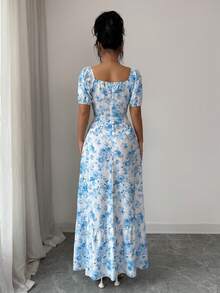 新款女士夏季方领泡泡袖连衣裙：优雅修身，荷叶边下摆和侧开衩 - 藍白色 - 查看 6