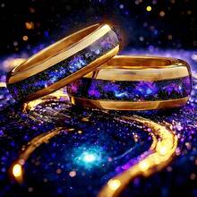 8mm Men's Fashionable Stainless Steel Ring, Orion Nebula Golden Ring, Space Ring, Engagement And Wedding, Polished, Dome, Comfortable Fit, Anniversary Gift - Gold-edged Starry Blue - View 3