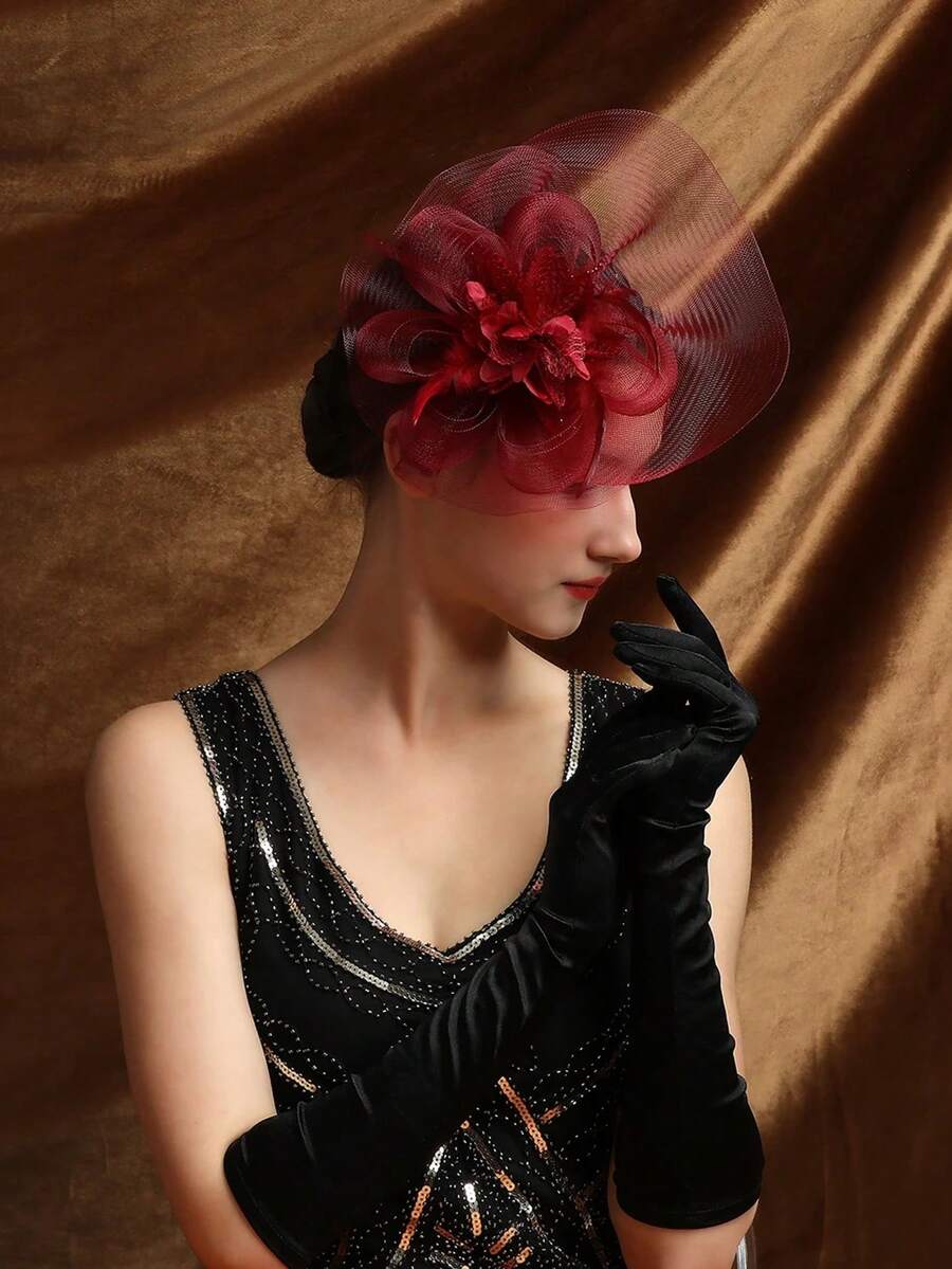 1pc Women's Vintage 20s 30s 50s Style Fascinator Hat, Charming Headpiece With Bow, Flower & Veil, Suitable For Wedding, Tea Party - Burgundy - View 1