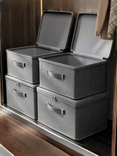 1pc Foldable Storage Box With Zipper And Handle, Multi-Functional Design Suitable For Office, Home, Bedroom And More. Space-Saving Organizer For Wardrobe, Bedroom, Kitchen, Gray Color, Made Of Polyester Linen, Square Shape With Lid, Durable, Can Be Used To Store Clothes, Toys And Other Items, Also Suitable For Indoor Decoration, Bedroom Decor, Decorative Strips, Storage, Jeans