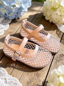 女童网眼芭蕾平底鞋 – 渔网玛丽珍平底鞋，透气时尚芭蕾舞鞋 - 粉色 - 查看 2