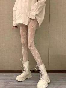 1pc Women Black/White Floral Vine Net Pants - White - View 4