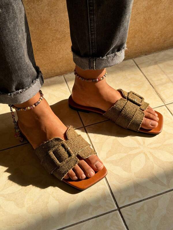 Square Toe Slippers, Simple & Versatile Design. Woven Texture With Relaxed Vibe, Strap Buckle Details For Neat Yet Casual Look. Feels Like Walking On Soft Beach With Every Step.