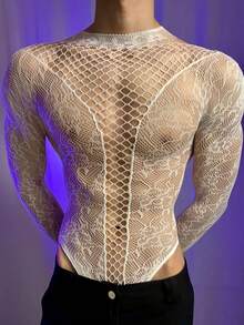 Mono de una pieza de malla blanca, durable, con cuello redondo, disfraz de Halloween para hombres - Blanco - Ver 4