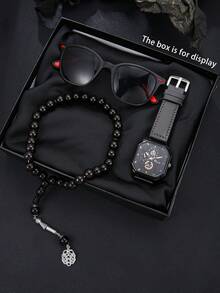 3pcs Men's Premium Leather Accessory Gift Set - Black Rosary Beads, Black Quartz Watch, Black Glasses, Business Style And Birthday Gift, Comes With Gift Box - Black - View 1