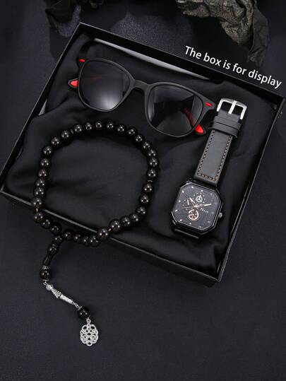 3pcs Men's Premium Leather Accessory Gift Set - Black Rosary Beads, Black Quartz Watch, Black Glasses, Business Style And Birthday Gift, Comes With Gift Box