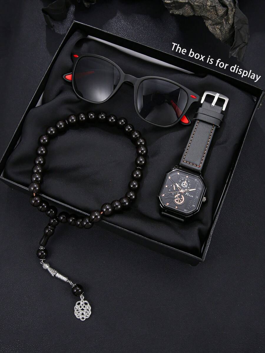 3pcs Men's Premium Leather Accessory Gift Set - Black Rosary Beads, Black Quartz Watch, Black Glasses, Business Style And Birthday Gift, Comes With Gift Box - Black - View 1