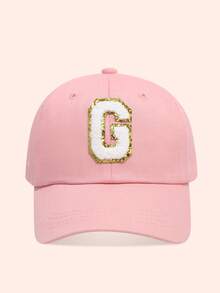 1pc Pink Children's Hat With 26 Letters, Toddler Baseball Cap, Boys & Girls Sun Hat, Suitable For Outdoor Activities And Daily Wear, UV Protection - Gold Label - Pink Fabric Baseball Cap - View 58