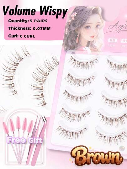 Ayrmilla 5 Pairs Brown Natural Look False Eyelashes, 3D Mink Hair Short Thick False Lashes, Popular Makeup Tools, Natural Fluffy Fake Eyelashes, Comes With Eyelash Curler And Brush, Fairy Style Lashes, Cartoon Reusable Lash Clusters To Emphasize Eyes, Korean Girl Group Style Lashes, Transparent Lash Bands, Soft & Comfortable