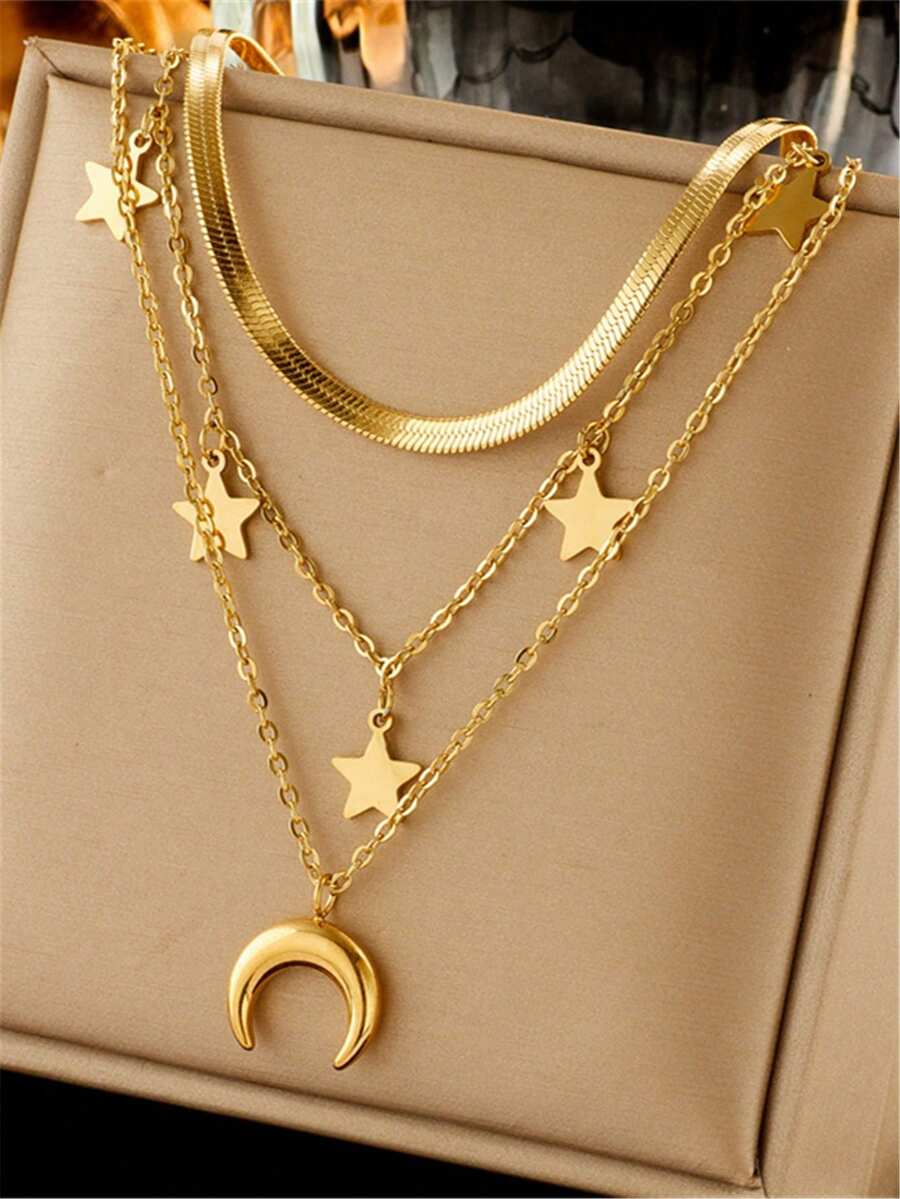 1pc Star & Moon Pendant Triple Layer Necklace, Suitable For Daily Wear To Showcase Your Unique Personal Style - Gold - View 1