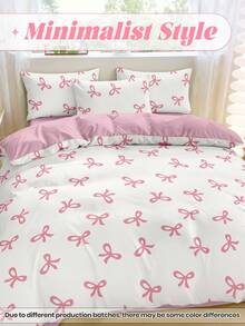 2/3pcs Bedding Set, Pink Bow Printed Soft & Comfortable Bedding, Sweet Girl Style Bedroom Decor, Breathable Anti-Dust Microfiber Duvet Cover, Suitable For Single/Double/King Size Bed, Includes 1 Duvet Cover And 2/1 Pillow Shams, Holiday Gift, Autumn Decor - Multicolor - View 3