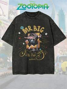 Disney Official Licensed Zootopia Mr. Big Kiss The Ring Graphic T Shirts 100 Percent Cotton Disney Shirt Vintage Wash 230g Cotton Crew Neck Unisex Tee - Black - View 1