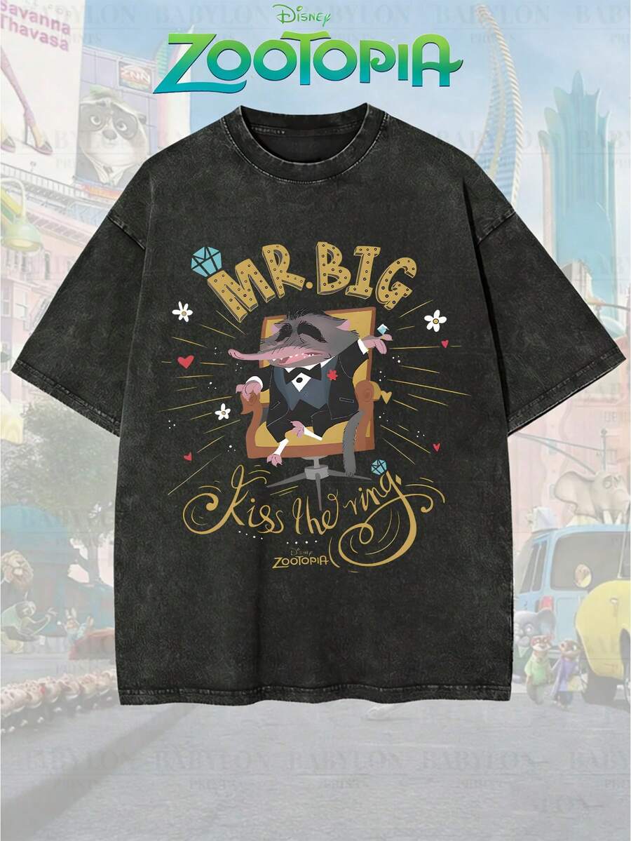 Disney Official Licensed Zootopia Mr. Big Kiss The Ring Graphic T Shirts 100 Percent Cotton Disney Shirt Vintage Wash 230g Cotton Crew Neck Unisex Tee - Black - View 1