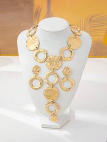 一套优雅简约几何不对称圆形设计女士首饰套装，包含一条Y形项链和一副耳环，适合日常佩戴。 - 金色 - 查看 6