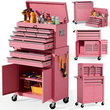10-Drawer Rolling Tool Chest With Wheels, 2 In 1 Lockable Tool Box With Drawers, High-Capacity Mechanic Tool Organizer, Adjustable Shelf & Detachable Top Cabinet For Garage Workshop,Pink - A - View 1