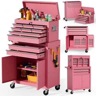 10-Drawer Rolling Tool Chest With Wheels, 2 In 1 Lockable Tool Box With Drawers, High-Capacity Mechanic Tool Organizer, Adjustable Shelf & Detachable Top Cabinet For Garage Workshop,Pink