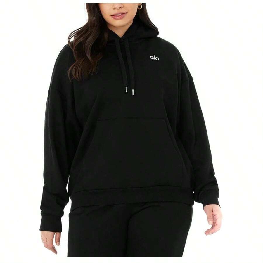 Alo Yoga Women's Accolade Hoodie | Premium Heavyweight French Terry Fleece Sweatshirt | Luxury Soft Oversized Hooded Pullover | Classic Athletic Streetwear Essential | Urban Fashion Loose Fit Casual Lounge Wear With Signature Chrome Logo - Black - View 1