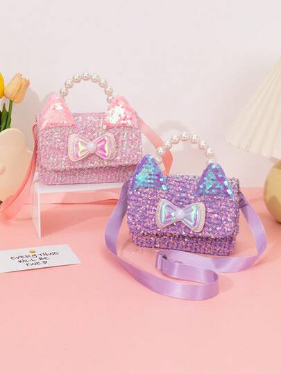 1pc Sequin Cat Ear & Bow Decor Handbag/Crossbody Bag, Suitable For Outings, Back To School Gift, Holiday Gift