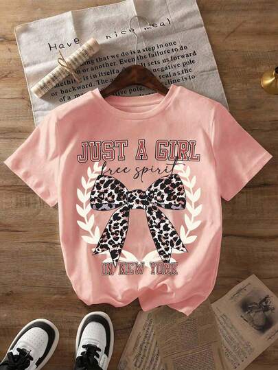 Teenage Girls' Cartoon Leopard Print Bow Graphic Short Sleeve T-Shirt, Comfortable Round Neck Tee Tops For Teenage Girls In Summer