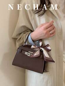 1pc Elegant Vintage Shoulder Bag With Scarf, High-Quality Embossed Leather Handbag - Coffee - View 9