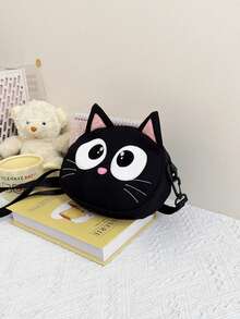 可爱卡通猫咪斜挎包，帆布休闲小单肩包，儿童迷你手机包，秋季新品 - 黑色 - 查看 3