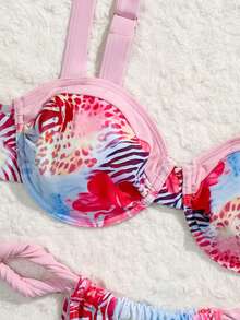 女士粉色动物纹性感露背宽肩带比基尼套装，沙滩度假夏季服装 - 彩色 - 查看 5