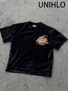 Disney UNIHLO  Super Athlete  Printed Summer Heavyweight Retro Washed Street Fashion Casual T-Shirt - 黑色 - 查看 3