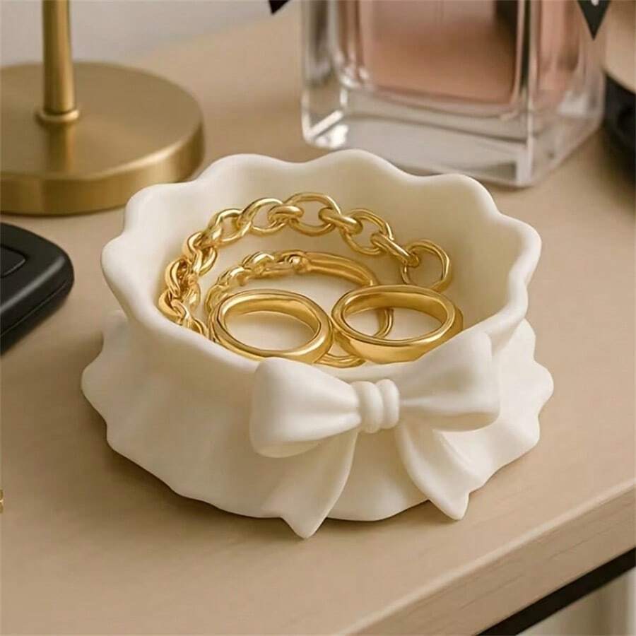 1pc 3D Printed Ruffle Bow Jewelry Tray, White Plastic Organizer Tray For Home, Desk, Office, Theme Party, Christmas, Thanksgiving, Valentine's Day, Easter, Holiday & Birthday Gifts - White - View 1