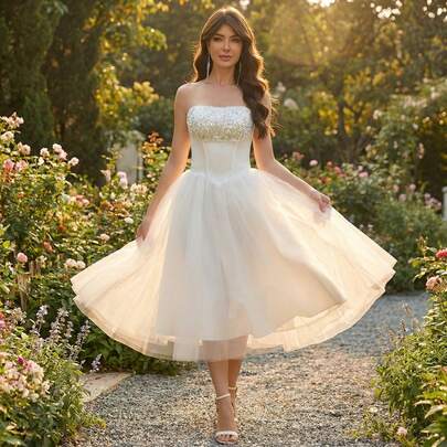 YUMIBRAVO 芭蕾舞风格新娘婚纱、亮片白色礼服、缎面新娘婚纱、抹胸婚纱、舞会礼服、薄纱新娘婚纱、蓬蓬裙、婚礼派对白色礼服、新娘礼服、情人节