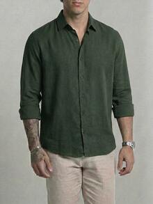 Set Of 2 Men's Long-Sleeved Linen Dress Shirts, Old Money Style, Viscose Linen, Cool, Casual, Italian Collar, Elegant - 綠色/棕色 - 查看 6