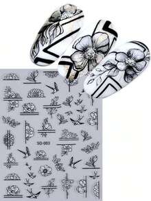 3片装 3D 黑白线条花朵花瓣美甲贴纸 DIY 牡丹百合燕子蝴蝶自粘贴纸滑块 春夏美甲装饰沙龙美甲用品美甲贴纸 - 黑與白 - 查看 2