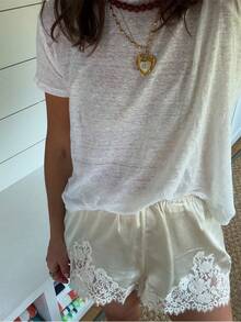 Women's Boho Lace Trim Satin Silk Shorts Shiny Elastic Waist Mini Shorts Pettipants Half Slip Shorts French Knickers Boyshorts For Dresses Full Coverage Underwear Lounge Pants - 香檳色 - 查看 4