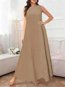 Women's Elegant Solid Color Casual Round Neck Sleeveless Loose Dress, Summer - Coffee Brown - View 4